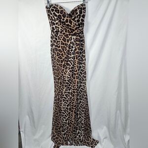 Fashion Nova Leopard Strapless Maxi Dress Bodycon Mesh w Built In Bodysuit M